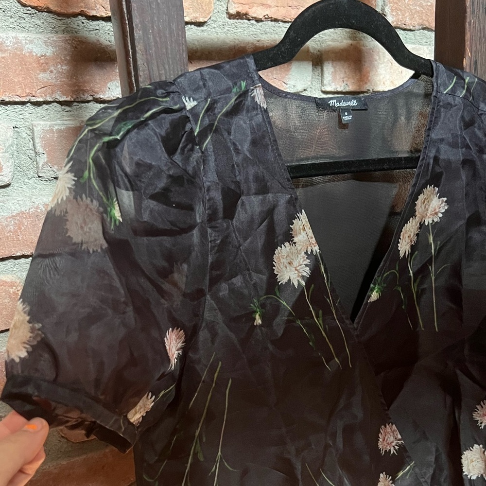 Madewell Sanna floral silk organza wrap top black sheer EUC women’s size S small - Picture 3 of 8